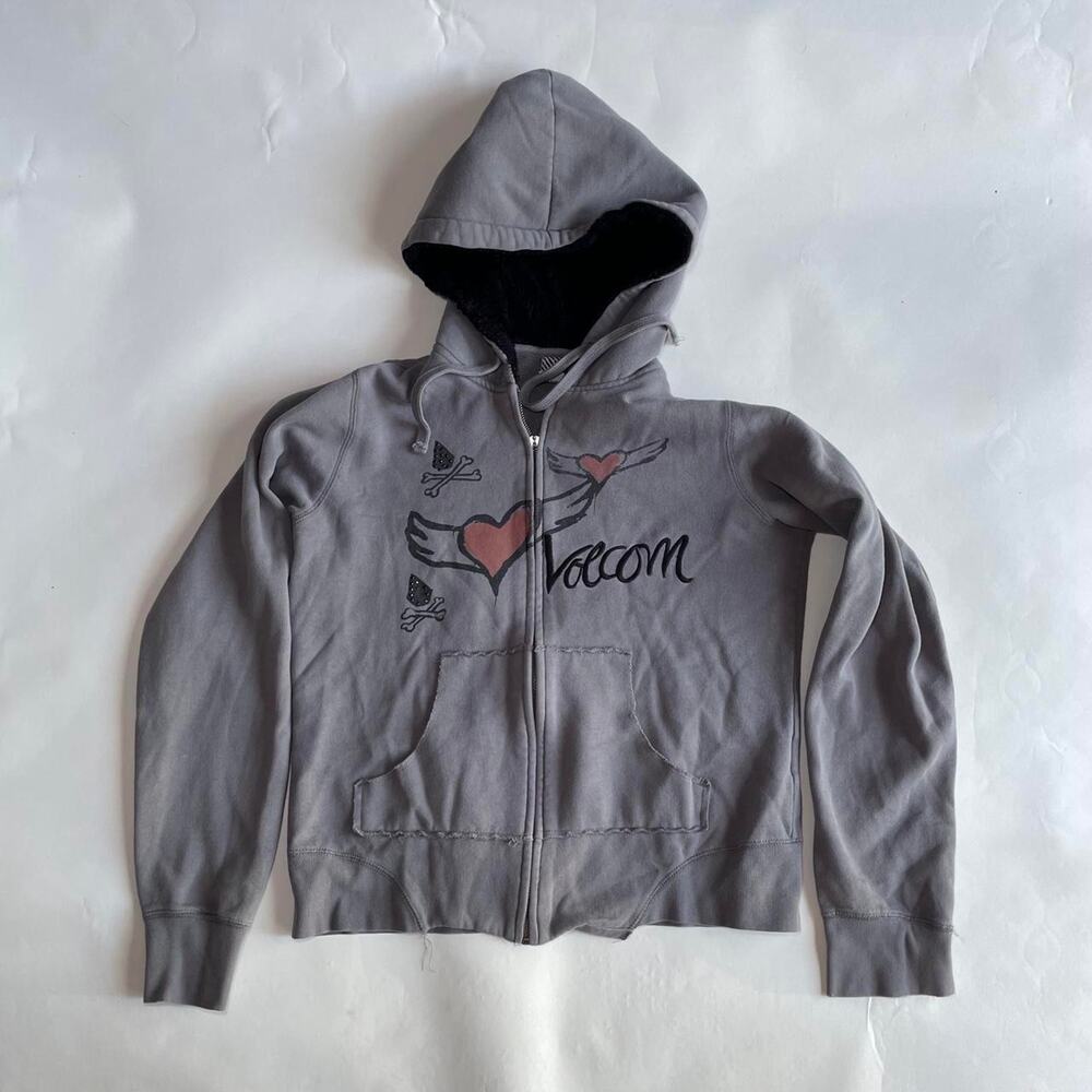 volcom womens grey zip up hoodie heart graphic faux fur size large
